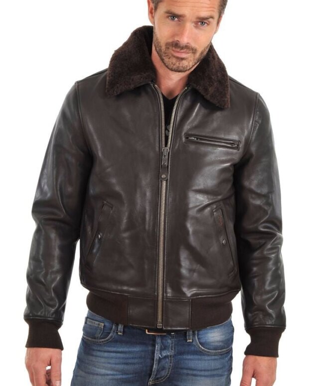Men's black lamb leather aviator jacket with removable faux fur collar,soft outershell, regular fit.