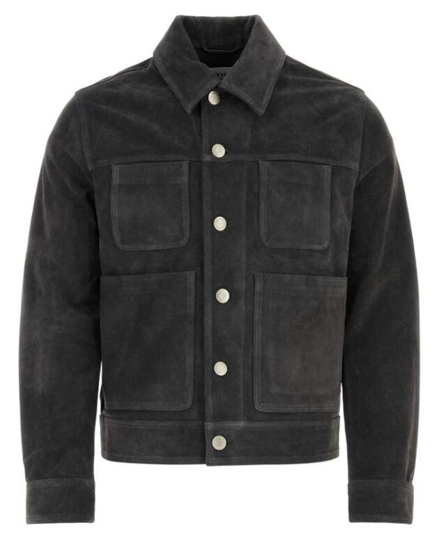 Experience the Art of Bespoke Fashion: Men's dark grey suede leather trucker jacket, handcrafted with care by gifted artisans