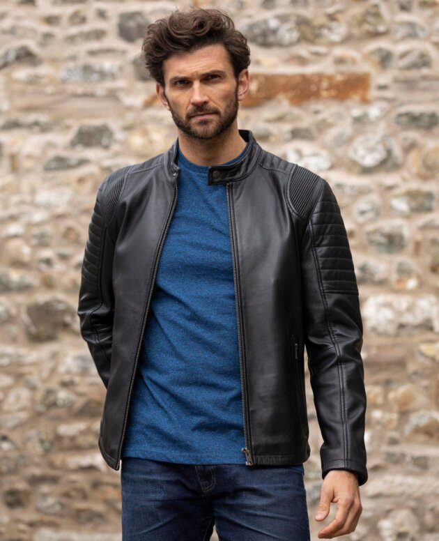 Premium Men's Handcrafted Black Lamb Leather Café Racer Moto Jacket | Detailed Stitch Pattern, Soft Outer Shell, Internal Pockets | Ideal Gift for Him