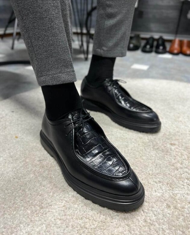 Elevate Your Footwear Game: Men's Black Italian Croc Print Buff Leather Derby Shoes. Handcrafted with Exquisite Detailing, Soft DD Leather Lining, and Resilient Welted Rubber Sole