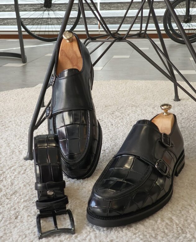 Unleash Style and Luxury: Men's Crocodile Print Italian Buff Leather Double Buckle Monk Black Loafer Shoes. Handcrafted with Exquisite Detailing, Soft DD Leather Lining, and High-Performance Leather Sole