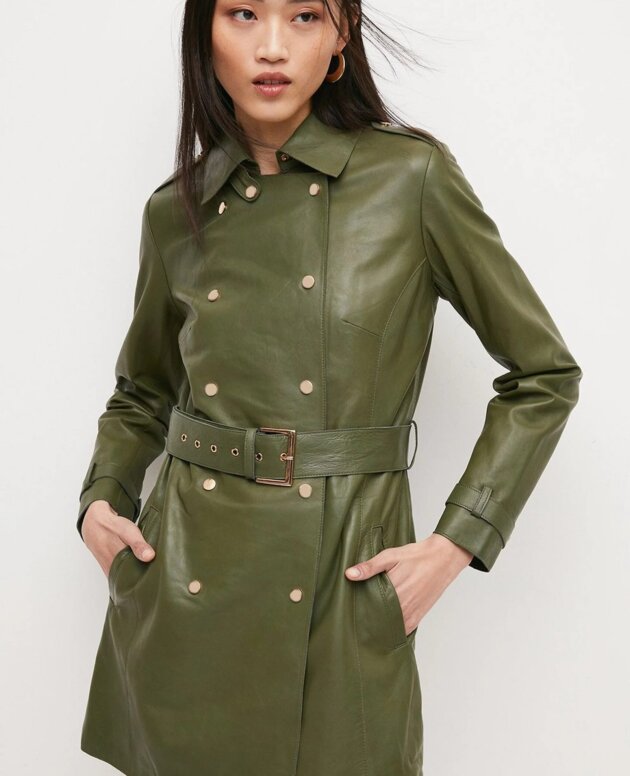 CultCart womens short leather trench coat, customized and personalized in soft lamb leather