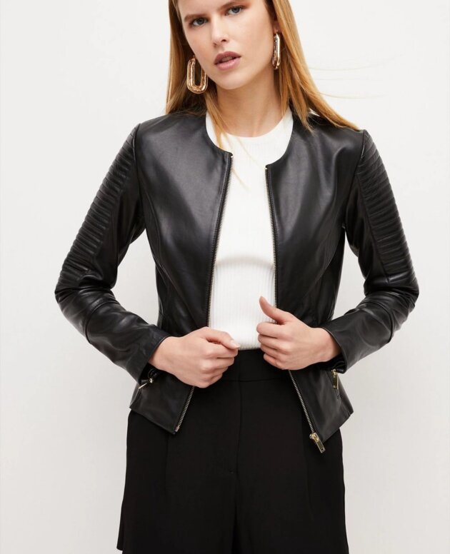 CultCart Women's Round Collar Quilted Stitched Soft Leather Jacket