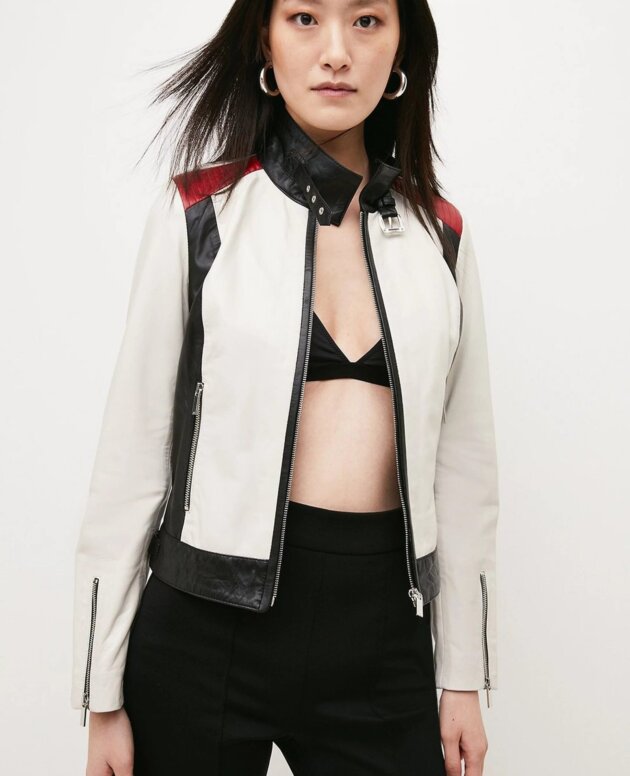 Women's Motorcycle Leather Jacket with Stripped Leather Pattern and Elevated Collar