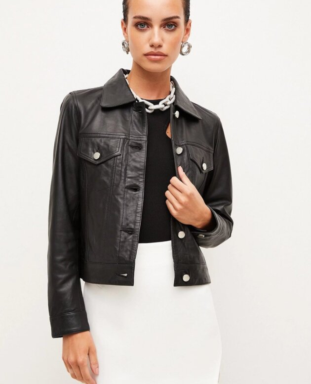 Womens Custom made Black Trucker Leather Jacket