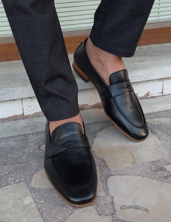 Timeless Elegance: Men's Belgian Loafers in Black Italian Buff Leather