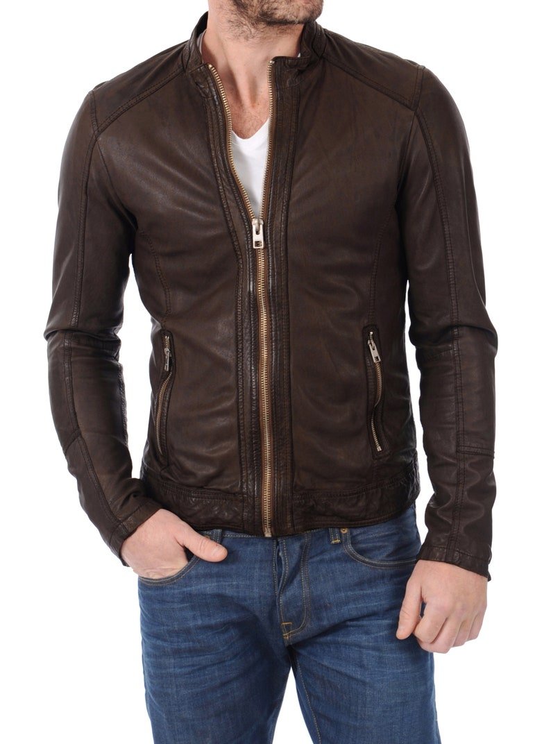 Men's stylish brown leather jacket,custom made,soft lamb leather moto racer jacket