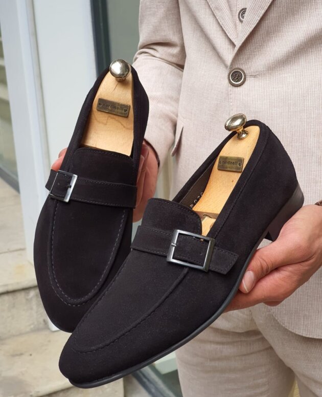 Striking Style and Superior Craftsmanship: Men's Italian Lamb Suede Single Buckle Monk Shoes in Black, White & Red