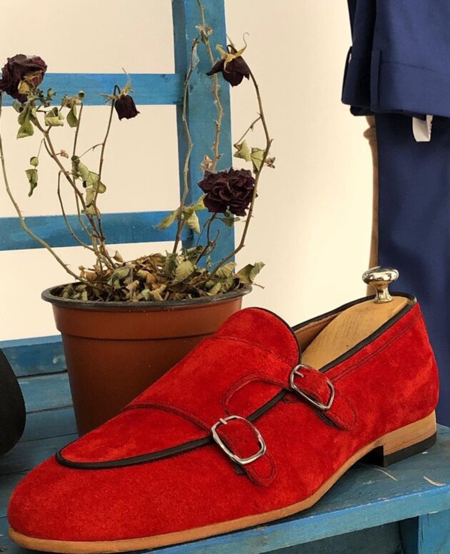 Vibrant Style: Men's Red & Mustard Italian Soft Sheep Suede Leather Double Buckle Monk Loafer Shoes