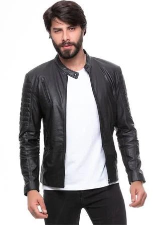 Men's handcrafted black lamb leather moto bike jacket, soft outershell, detailed stitching pattern, gift for him