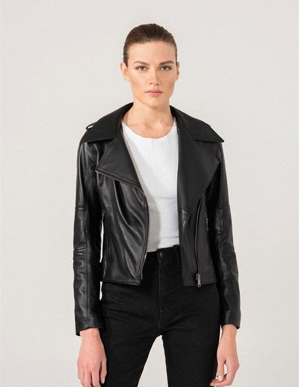 Women's Black Biker Motorcycle Leather Jacket