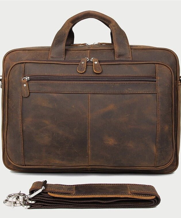 Vintage Charm Meets Functionality: Distressed Brown Leather Laptop Office Bag - Ample Storage, Adjustable Shoulder Strap, and Personalization Option