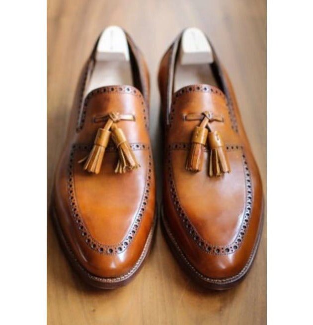 Unleash Distinctive Elegance: Men's Tan Brogue Punch Tassel Loafers - Handcrafted with Italian Leather and Everlasting Style