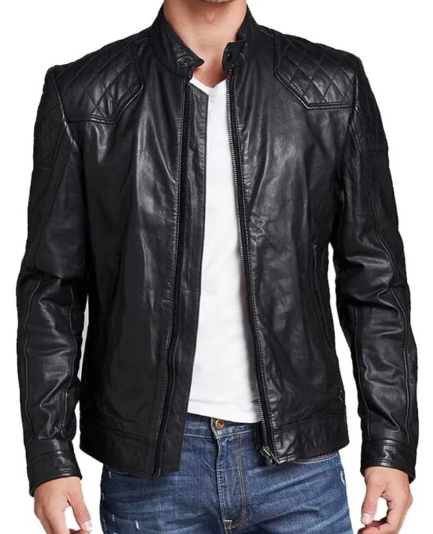 Men's handcrafted genuine lamb leather moto racer jacket with detailed stitching pattern,soft outershell,internal pockets,black jacket, regular fit