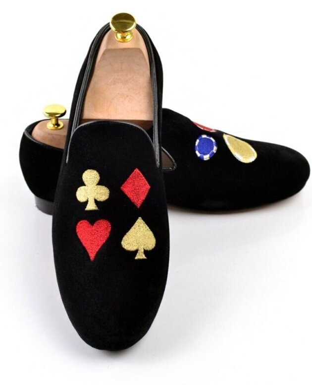 Standout Style: Men's Black Suede Velvet Poker Chips Embroidery Loafers - Handcrafted with Unique Elegance